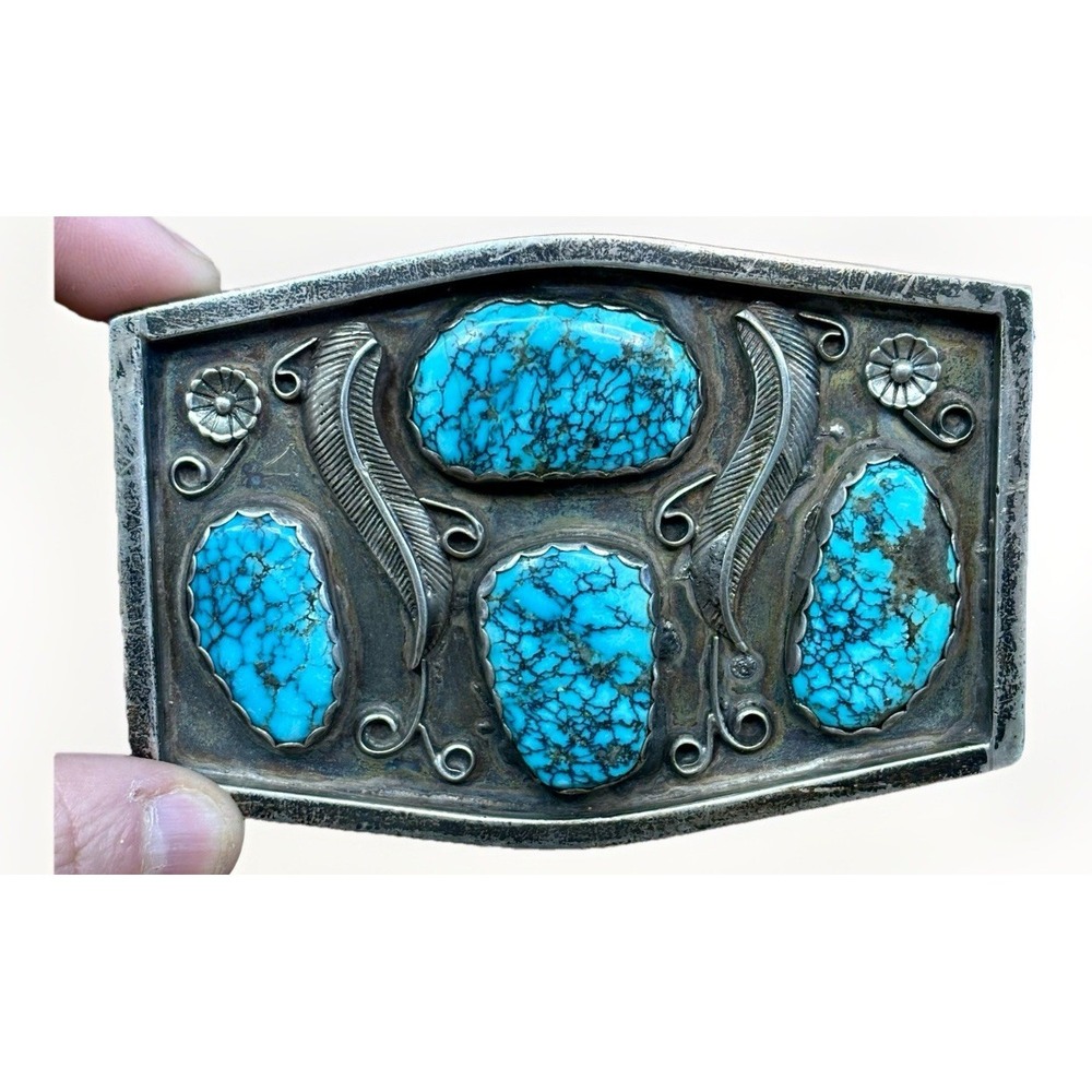Big Large Vintage sterling silver turquoise Native belt buckle 168g Navajo